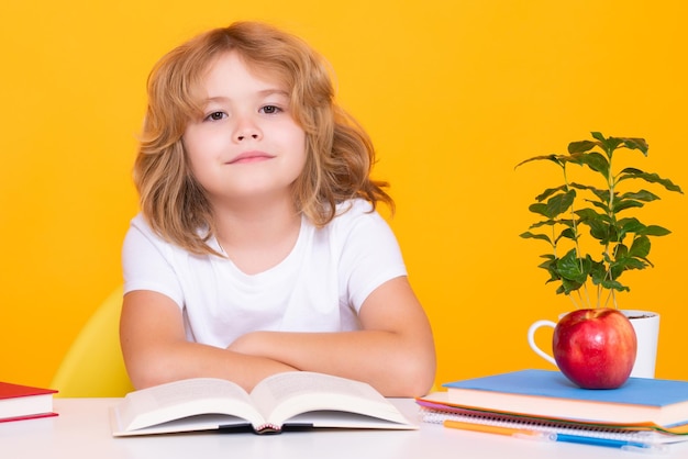 Criança da escola lendo livro Aluno da escola aprendendo em sala de aula estudar inglês na escola Criança do ensino fundamental Retrato de aluno engraçado aprendendo