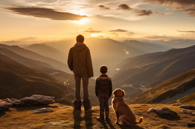 Criança da família e seu amado cachorro enquanto estão no pico de uma montanha Generative AI