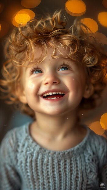 Foto criança de cabelo encaracolado sorrindo vestindo suéter louco louco rir olhando teto luz ouro bebês humanos