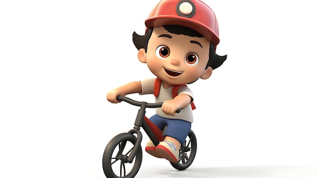 Criança de desenho animado 3D andando de bicicleta em fundo branco