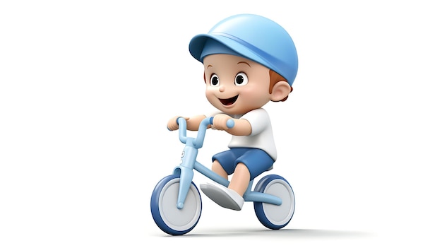 Criança de desenho animado 3D andando de bicicleta em fundo branco