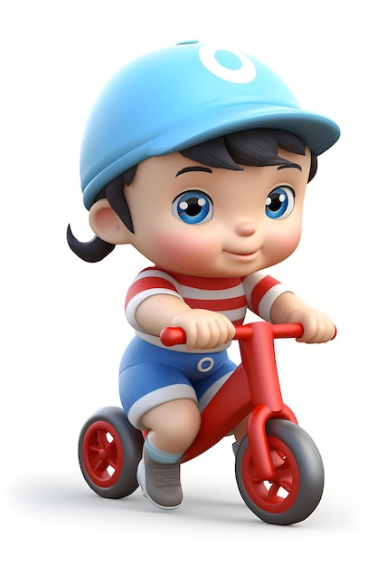 Criança de desenho animado 3D andando de bicicleta em fundo branco