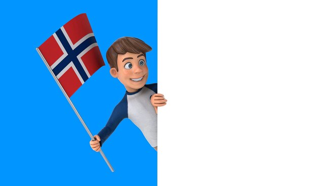 Criança de desenho animado 3D com uma bandeira da Noruega
