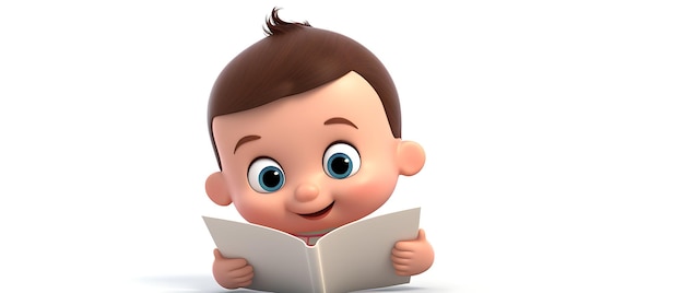 Criança de desenho animado 3D lendo livro em fundo branco