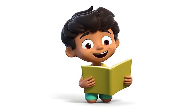 Criança de desenho animado 3D lendo livro em fundo branco