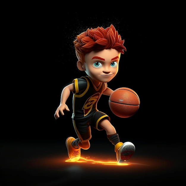 Foto criança de desenho animado a jogar basquetebol