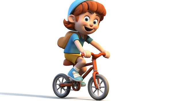 Criança de desenho animado em 3D andando de bicicleta em fundo branco
