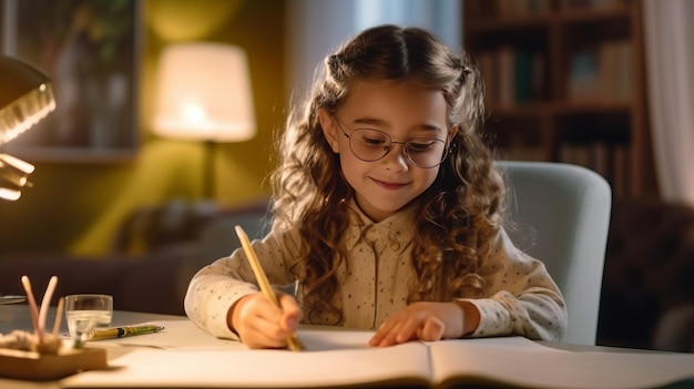 Foto criança de escola sorridente fazendo a lição de casa enquanto está sentada na mesa em casa