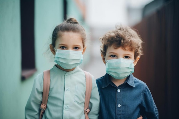 Foto criança de escola usando máscara facial durante o surto de coronavírus e gripe menino e menina voltando para