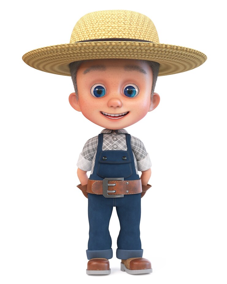 Foto criança de ilustração 3d com um chapéu de palha está envolvida na agricultura