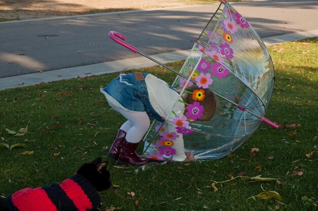 Criança de menina no parque outono.