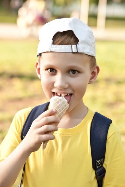 Criança de menino fofo comendo casquinha de sorvete.