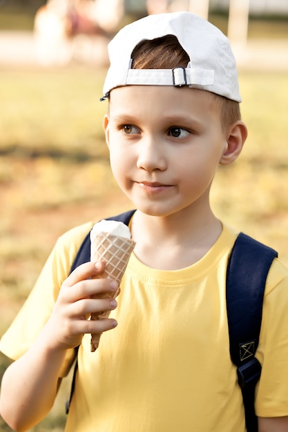Criança de menino fofo comendo casquinha de sorvete.