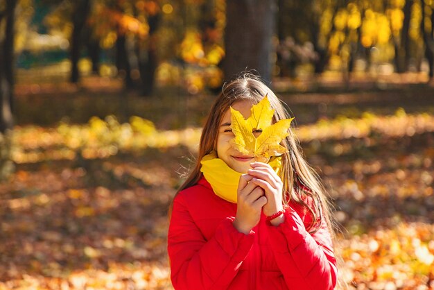 Criança de outono no parque com folhas amarelas Foco seletivo Kid