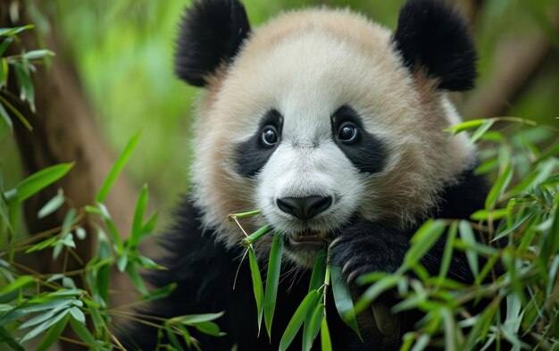 Criança de panda comendo um bambu