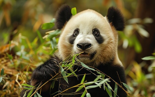 Foto criança de panda comendo um bambu