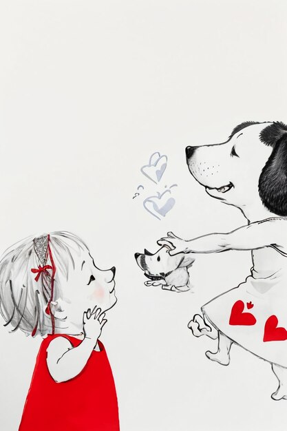 Criança de traços simples em vermelho e cachorro de estimação se divertindo juntos Ilustração de desenho animado esboço desenhado à mão