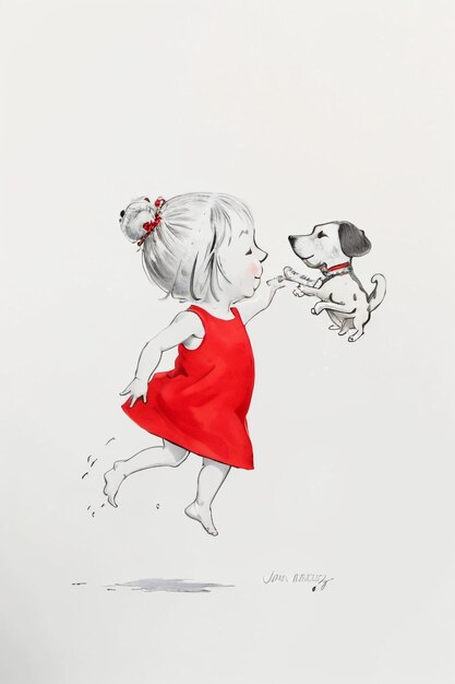 Foto criança de traços simples em vermelho e cachorro de estimação se divertindo juntos ilustração de desenho animado esboço desenhado à mão
