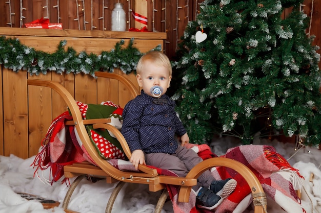 Criança de um ano brincando no trenó na árvore do Feliz Natal
