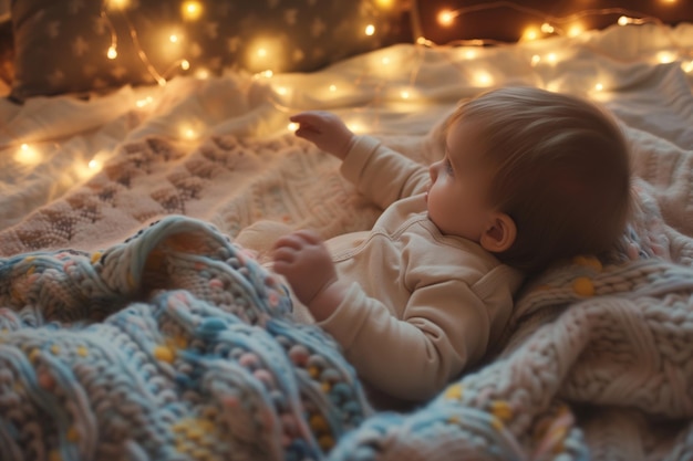 Criança de um ano numa cama de cobertores macios com luzes de fada