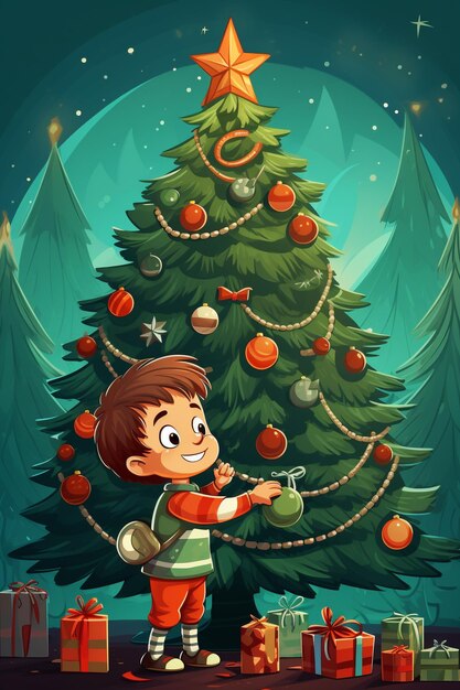 Criança decorando árvore de chritmass generativa ai ilustração