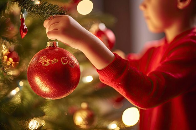 Foto criança decorando árvore de natal closeup