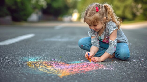 criança desenha um coração com giz colorido no asfalto foco seletivo IA generativa