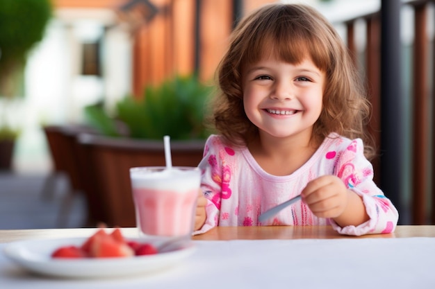 Criança desfrutando de iogurte com sabor a morango no pátio