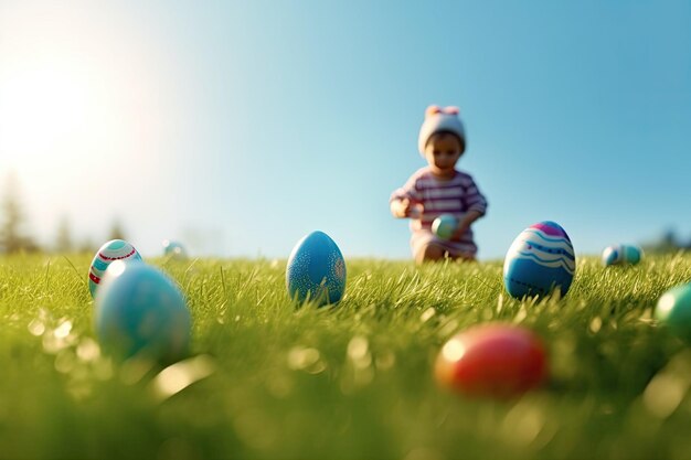 Criança desfrutando de uma festiva caça de ovos de Páscoa no sol da primavera