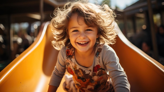 Criança deslizando por um escorregador colorido com um grande sorriso alegre
