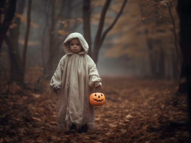 Criança disfarçada de fantasma com abóbora na floresta de Halloween gerada pela IA