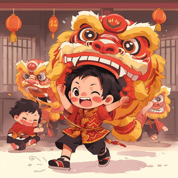 Criança e barongsai brincando na colina no Ano Novo Chinês