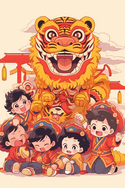 Criança e barongsai brincando na colina no Ano Novo Chinês