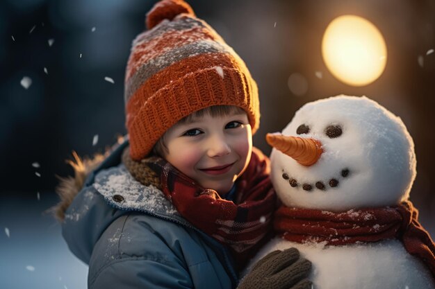 Criança e boneco de neve em close-up