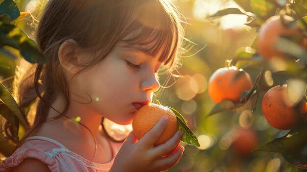 Foto criança e laranja em um pomar de citrinos maravilha da infância aig