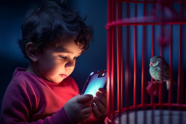 Criança e pássaro enjaulado símbolo de armadilha digital