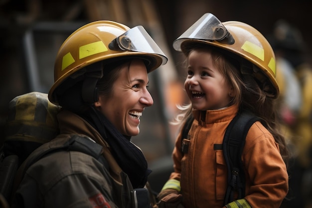 Criança em êxtase ao lado de mulher bombeiro Generative AI