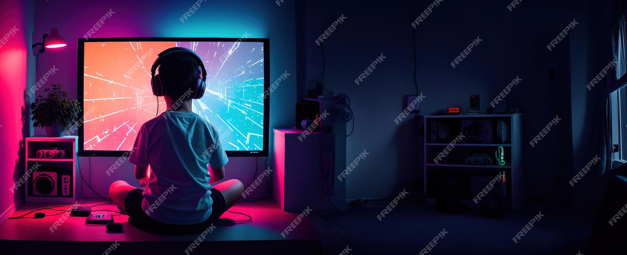 Garoto sentar em escrivaninha jogando jogos em computador. sorridente  criança dentro fones de ouvido ter Diversão acionado dentro videogame em pc  às lar. jogador e aplicativo. vetor ilustração. 24181207 Vetor no Vecteezy