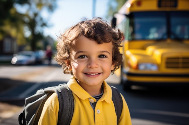 Criança em idade escolar na frente do ônibus escolar