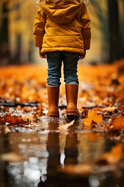 Criança em pé sobre pernas de folhagem em botas em pé em uma poça de outono com folhas laranja