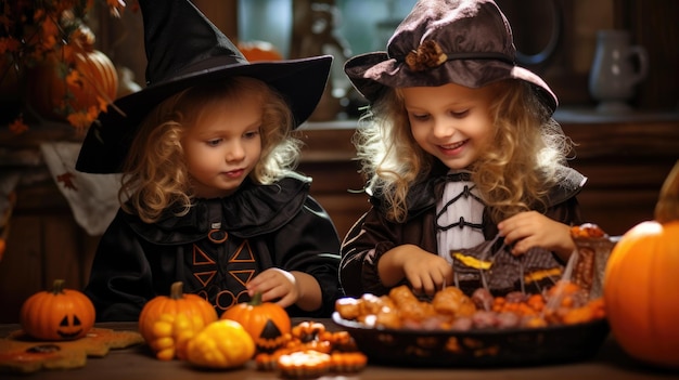 Criança em traje de Halloween Crianças pequenas com lanterna de abóbora e balde de doces Festa de outono divertida