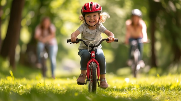 Foto criança em um capacete alegremente andando de bicicleta com a família em um parque iluminado pelo sol