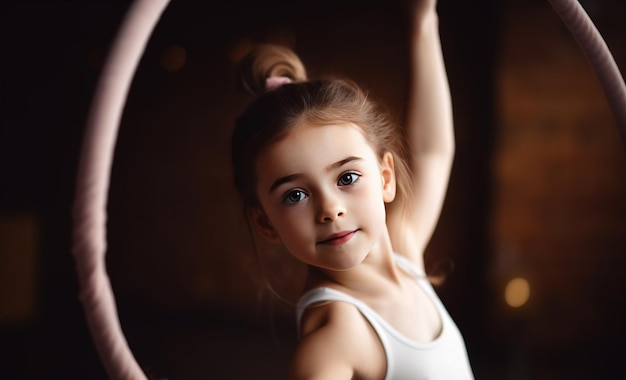 Criança em um traje de ginasta fazendo um exercício esportivo no ginásio fundo preto isolado