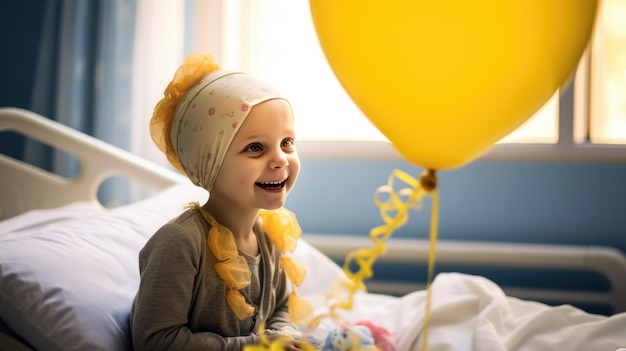 Foto criança em uma cama de hospital sorrindo alegremente em um balão amarelo usando um lenço