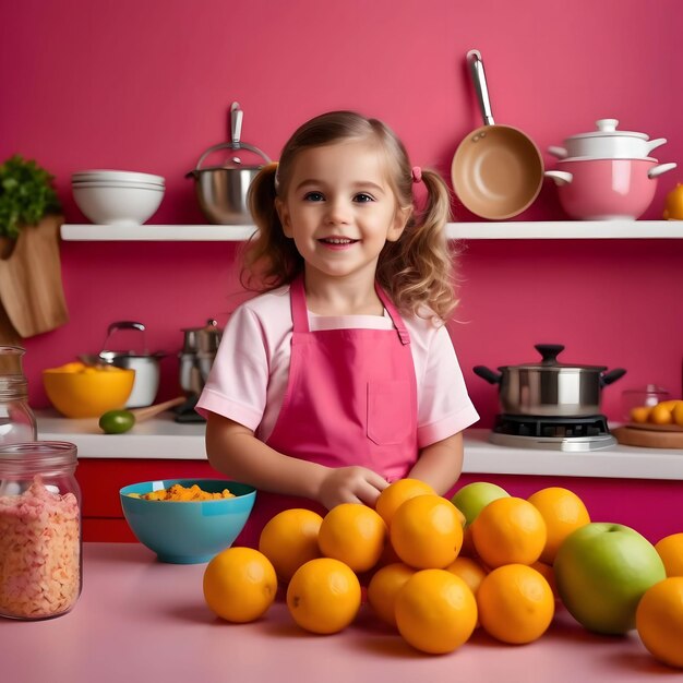 Criança em uma cozinha com paredes coloridas no estilo de imagens comerciais de fotografia publicitária