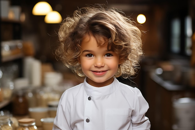 criança em uniforme de chef em fundo de cozinha desfocado