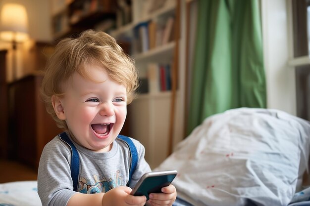 Criança em vídeo chat com primo rindo de caras engraçadas
