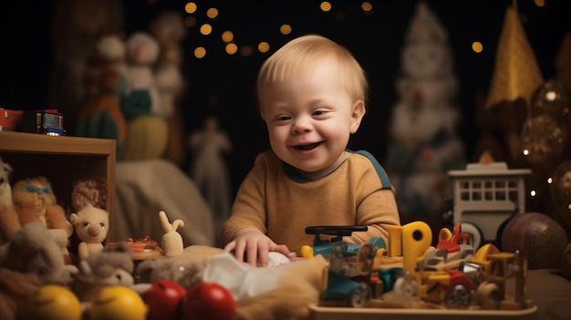 Criança encantada com síndrome de down cercada por uma coleção de brinquedos encantadores em um quarto confortável