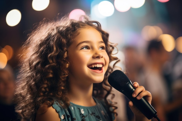 Criança encantadora cantando emocionalmente em um concerto na frente de um microfone