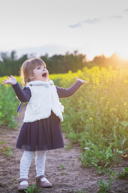 criança encantadora com fitas ucranianas no cabelo canta em um campo de flores ao pôr do sol